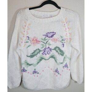 Amancio Floral Embroidered Knit Sweater Women's Small Vintage Cottagecore Cotton